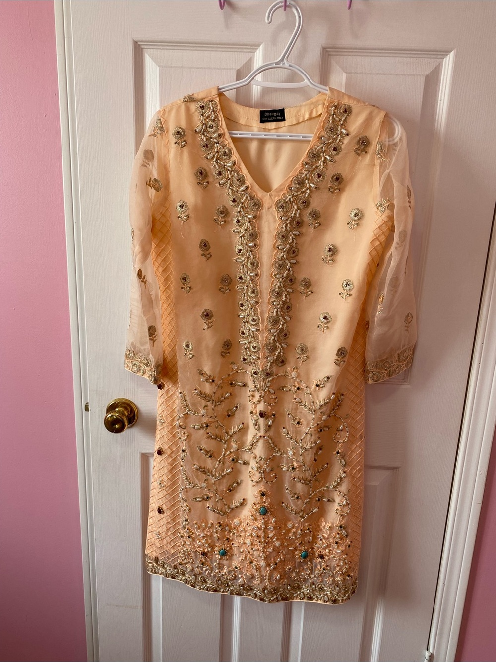 Women’s 3pc Pakistani  V-Neck Peach Women's Dress Heavy Work Wedding Wear